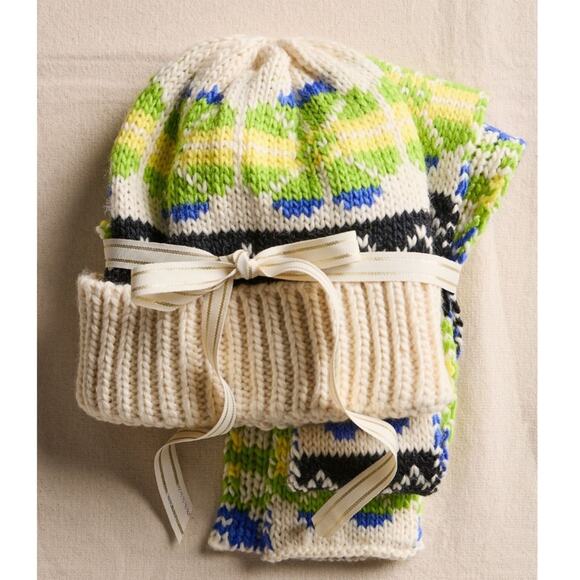 Free People Northern Lights Beanie + Scarf Hat Ivory Green Blue Yellow Black main image 12